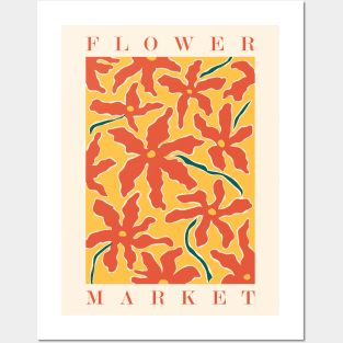 Flower market, Red yellow art, Colorful retro print, Botanical, Aesthetic poster, Abstract flowers Posters and Art